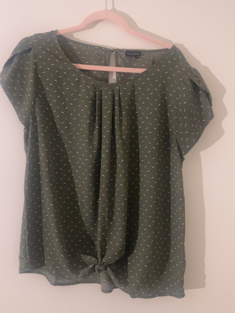 Zenobia Olive Green Printed Tie-Front Blouse